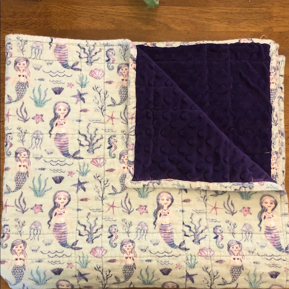 Plush Flannel Mermaid Print Baby Blanket with Purple Minky Back